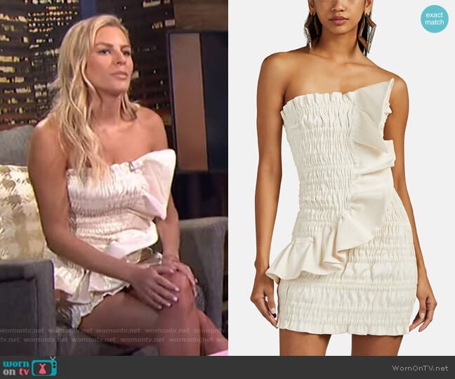 Ruched Cotton-Blend Lamé Strapless Minidress by Area worn by Morgan Stewart on E! News