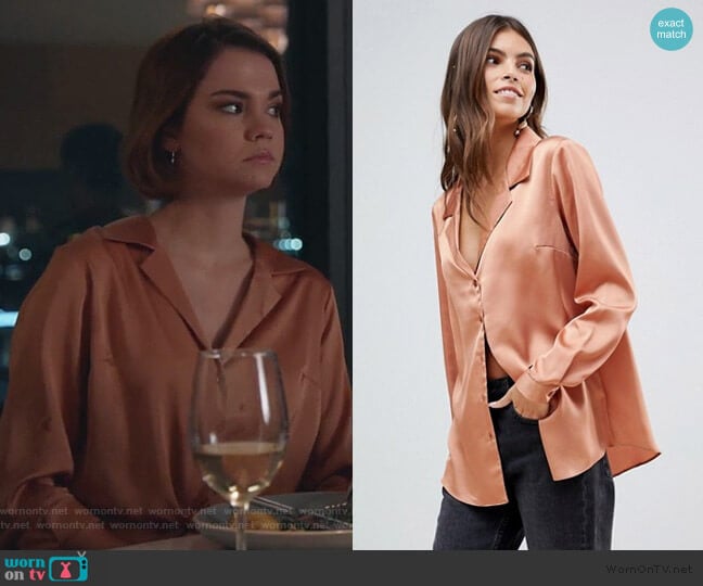 Relaxed Satin Long Sleeve Shirt by ASOS worn by Callie Foster (Maia Mitchell) on Good Trouble