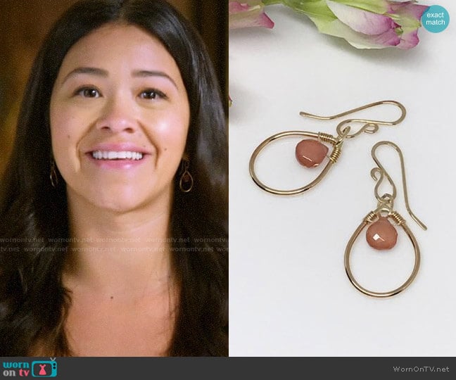 Bella Rose Jewelry Design Gold Rhodochrosite Teardrop Earrings worn by Jane Villanueva (Gina Rodriguez) on Jane the Virgin