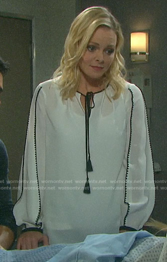 WornOnTV: Belle's white blouse with black trim on Days of our Lives | Martha Madison | Clothes Wardrobe from TV