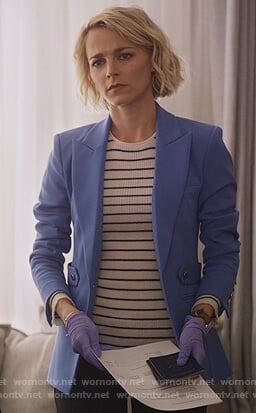 Lizzie's blue single breasted blazer with side tabs on Instinct