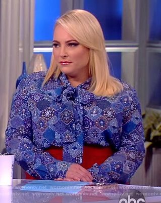 Meghan’s blue printed pussy bow blouse on The View
