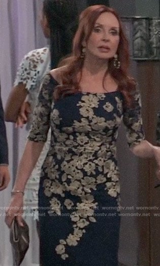 Bobbie's navy and gold floral embroidered dress on General Hospital