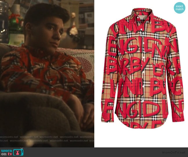 Graffiti Print Check Shirt by Burberry worn by Vivek Shah (Jordan Buhat) on Grown-ish