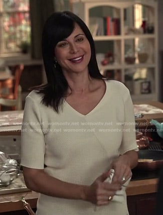 Cassie’s white ribbed asymmetric top on Good Witch