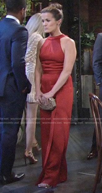 Chelsea’s red ribbon tie back jumpsuit on The Young and the Restless