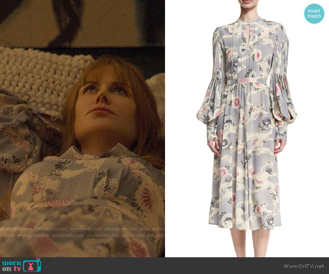 Co Mum-Print Silk Bishop-Sleeve Keyhole Midi Dress worn by Celeste Wright (Nicole Kidman) on Big Little Lies