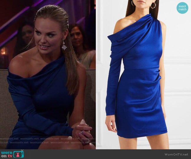 Asymmetric Hammered-Satin Mini Dress by Cushnie worn by Hannah Brown on The Bachelorette