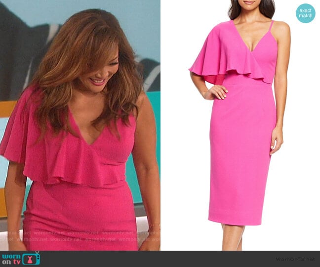 Beth Asymmetrical Ruffle Sleeve Dress by Dress the Population worn by Carrie Inaba on The Talk