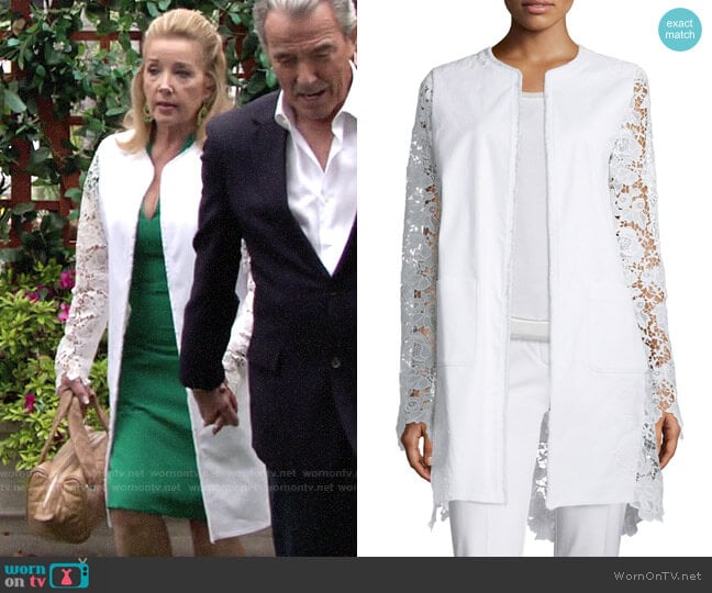 Elie Tahari Canvas & Lace Long Topper Jacket worn by Nikki Reed Newman (Melody Thomas-Scott) on The Young and the Restless