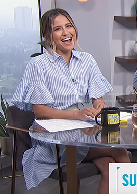 Erin’s blue striped short sleeve shirtdress on E! News Daily Pop