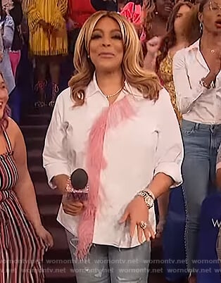 Wendy’s white feather trim blouse on The Wendy Williams Show