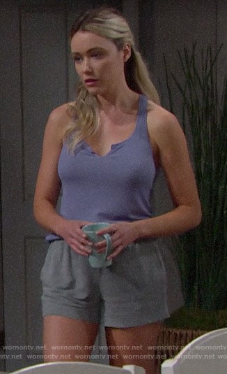 Flo’s blue split neck tank top on The Bold and the Beautiful