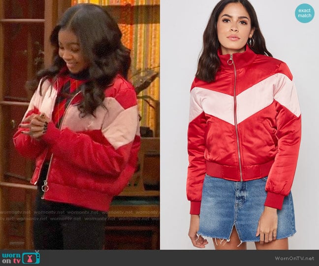 Forever 21 Chevron Padded Bomber Jacket worn by Nia Baxter (Navia Robinson) on Ravens Home