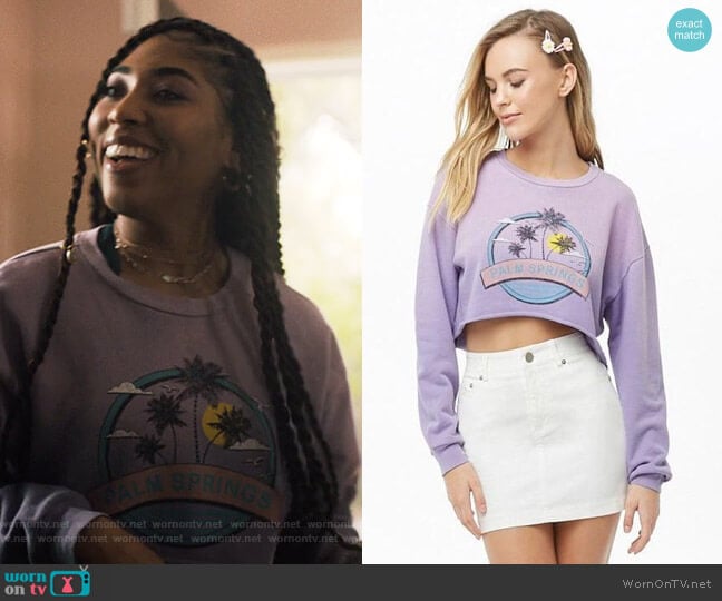 Palm Springs Graphic Sweatshirt by Forever 21  worn by Peri (Adriyan Rae) on Light as a Feather