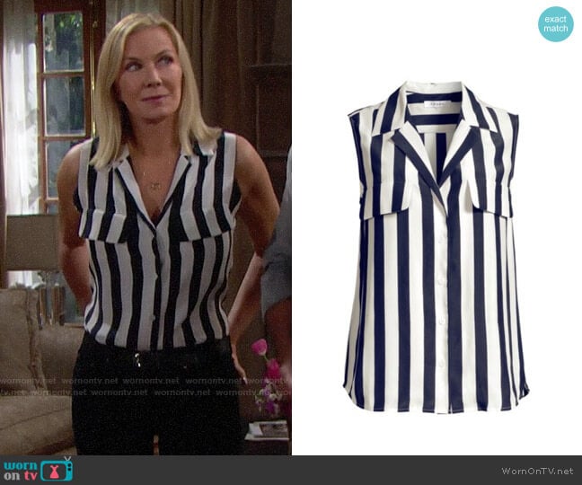 Frame True Sleeveless Stripe Silk Shirt worn by Brooke Logan (Katherine Kelly Lang) on The Bold and the Beautiful