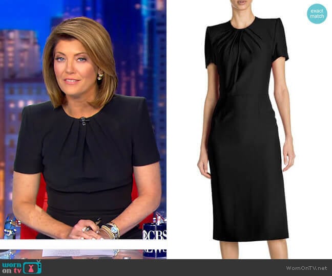 WornOnTV: Norah’s black pleated neck sheath dress on CBS Evening News ...