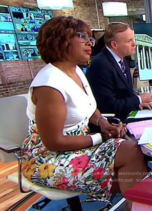 Gayle’s white floral v-neck dress on CBS Mornings