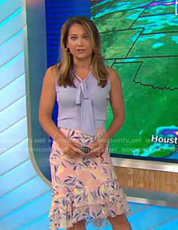 Ginger’s purple tie neck top and printed skirt on Good Morning America
