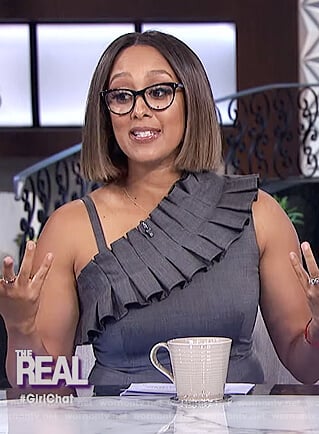 Tamera’s gray ruffle sheath dress on The Real