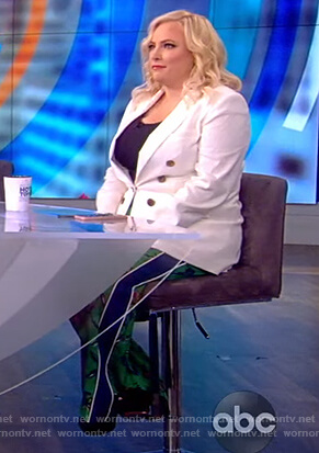 Meghan's white blazer and button side pants on The View