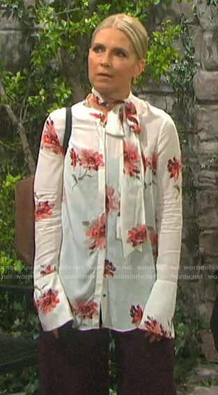 Jennifer’s red and white floral tie-neck blouse on Days of our Lives