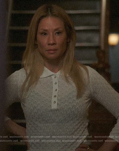 Joan’s white pointelle polo sweater on Elementary