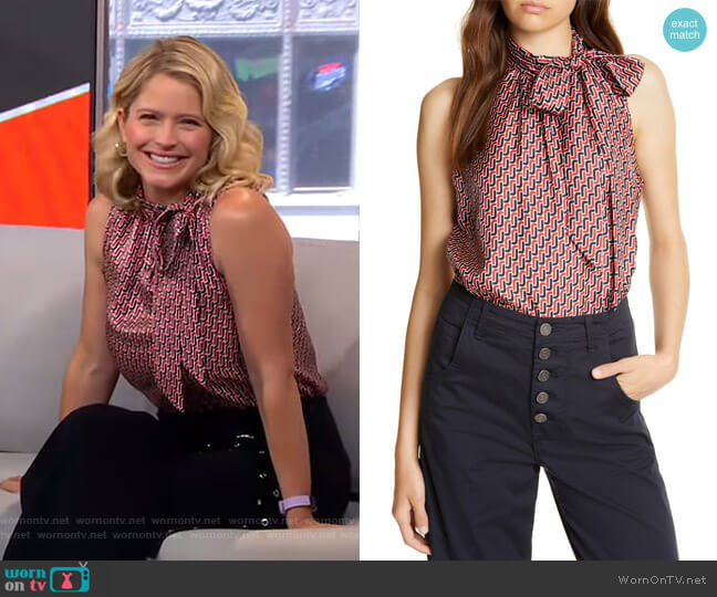 Pascale Geometric Tie Neck Blouse by Joie worn by Sara Haines on Good Morning America