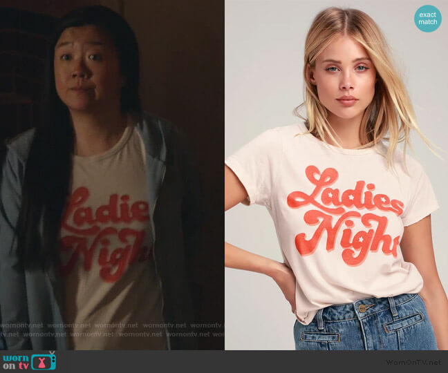 Ladies Night Pale Nude Tee by Junk Food Clothing worn by Alice Kwan (Sherry Cola) on Good Trouble