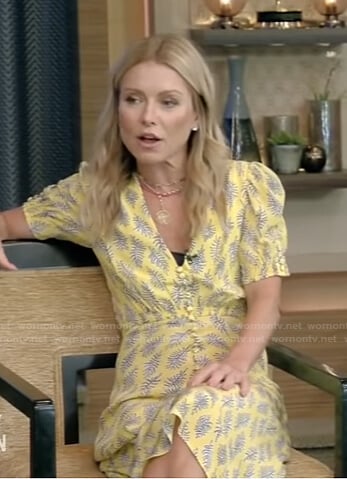 Kelly's yellow print v-neck dress on Live with Kelly and Ryan