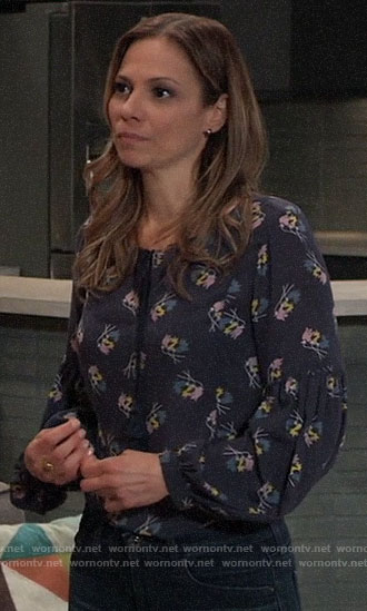 Kim’s navy floral top on General Hospital