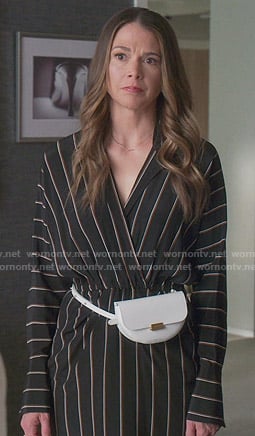 Liza's black striped dress and belt bag on Younger