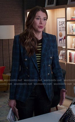 Liza's striped sweater and blue plaid blazer on Younger