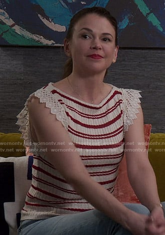 Liza’s white striped crochet-trim top on Younger
