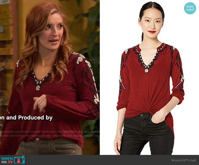 Lucky Brand Embroidered Sleeve Peasant Top worn by Chelsea Grayson (Anneliese van der Pol) on Ravens Home