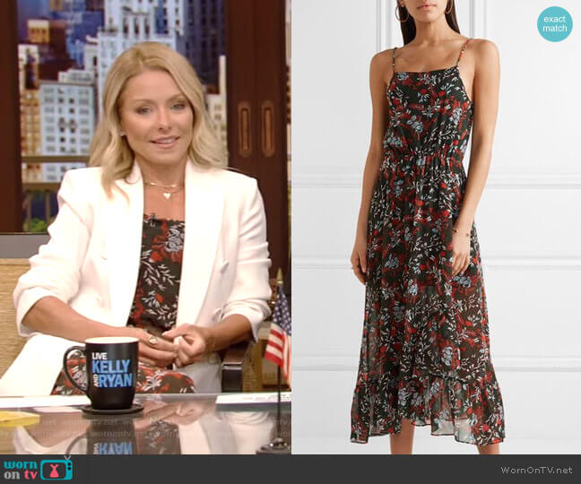 Ruffle-trimmed Printed Chiffon Midi Dress by Maje worn by Kelly Ripa on Live with Kelly and Mark