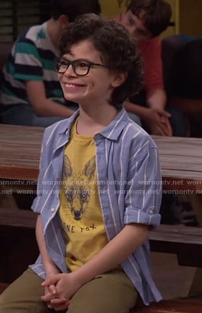 Matteo's yellow fox print tee and striped shirt on Bunkd