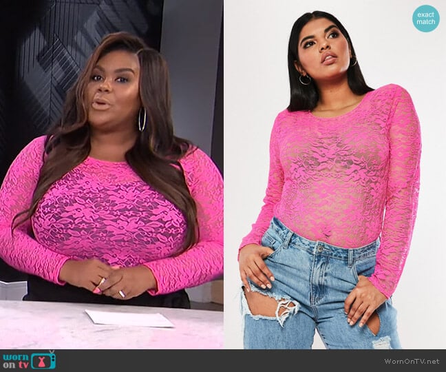 Plus Size Neon Pink Lace Bodysuit by Missguided worn by Nina Parker on E! News