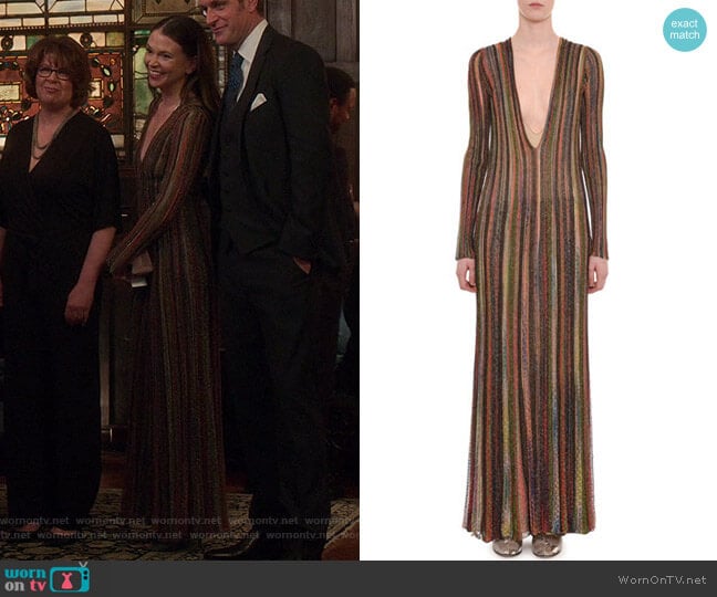 Plunging Long-Sleeve Metallic Striped Long Dress by Missoni worn by Liza Miller (Sutton Foster) on Younger