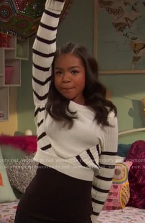 Nia’s white striped cropped sweater on Ravens Home