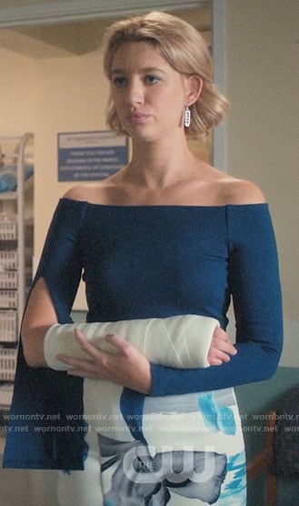 Petra's blue off-shoulder top and floral pencil skirt on Jane the Virgin