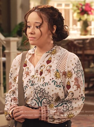 WornOnTV: Jade’s white print blouse with lace insets on Family Reunion ...
