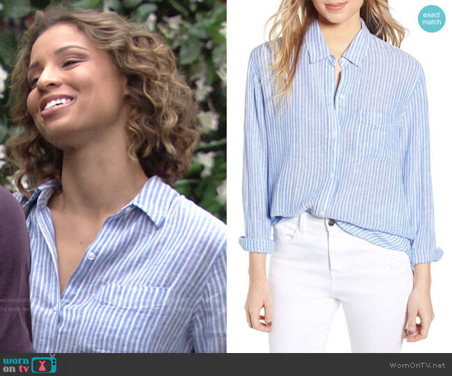 Rails Charli Shirt in Azure Stripe worn by Elena Dawson (Brytni Sarpy) on The Young and the Restless