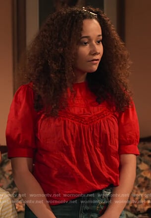 Jade's red lace trim top on Family Reunion