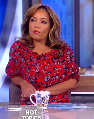 Sunny’s red print off shoulder dress on The View