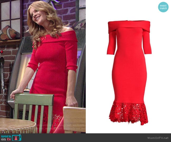 Sachin + Babi Relais Off-The-Shoulder Lace-Hem Dress worn by Phyllis Summers (Michelle Stafford) on The Young and the Restless