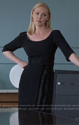 Samantha's black belted feather trim dress on Suits