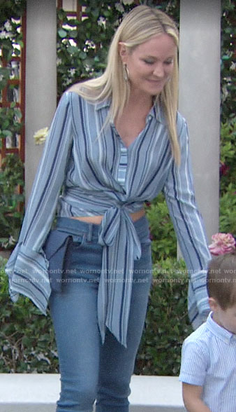Sharon’s blue striped tie waist shirt on The Young and the Restless