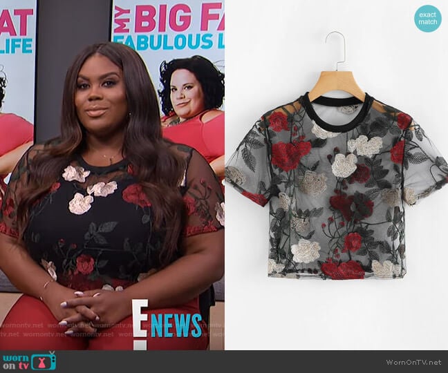 Sheer Mesh Floral Embroidered Crop Top by Shein worn by Nina Parker on E! News