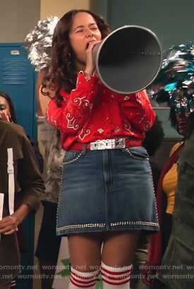 Jade’s studded denim mini skirt on Family Reunion